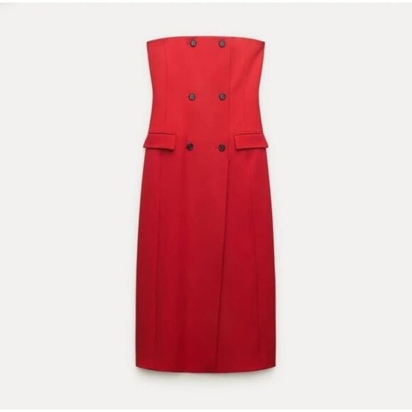 NWT Zara ZW Collection Strapless Dress With Pockets Bright Red S 8659/707 New - Picture 8 of 11